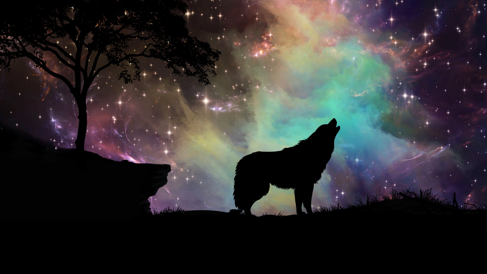 Картина волк воет на луну и Северное сияние