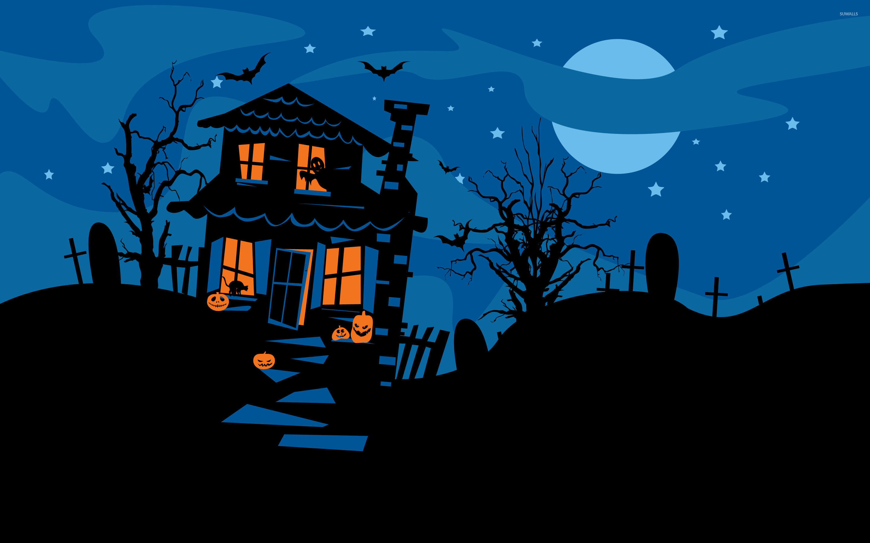 Обои Хэллоуин, дом с привидениями, иллюстрация, ночь, дерево, фото, заставк...