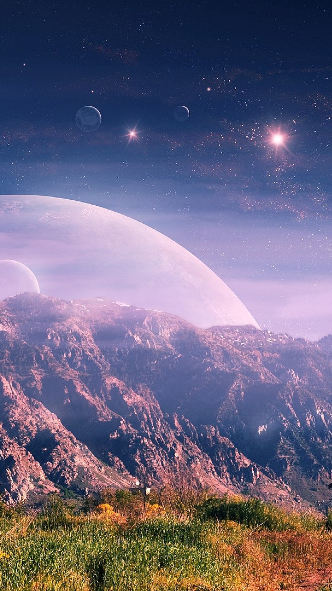 Обои горный хребет, свет, природный ландшафт, астрономический объект, артист в разрешении 1080x1920