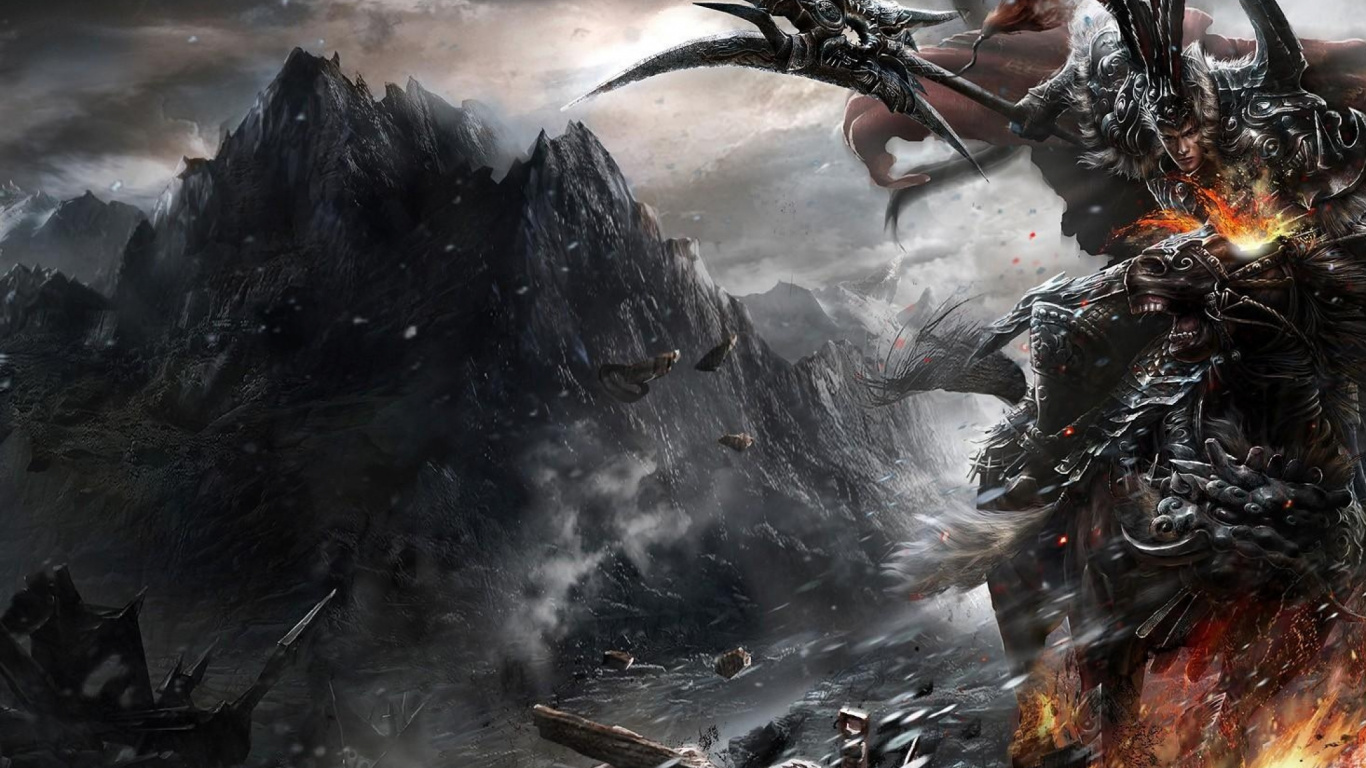 Обои дракон, мифология, фэнтези, игра, воин в разрешении 1366x768