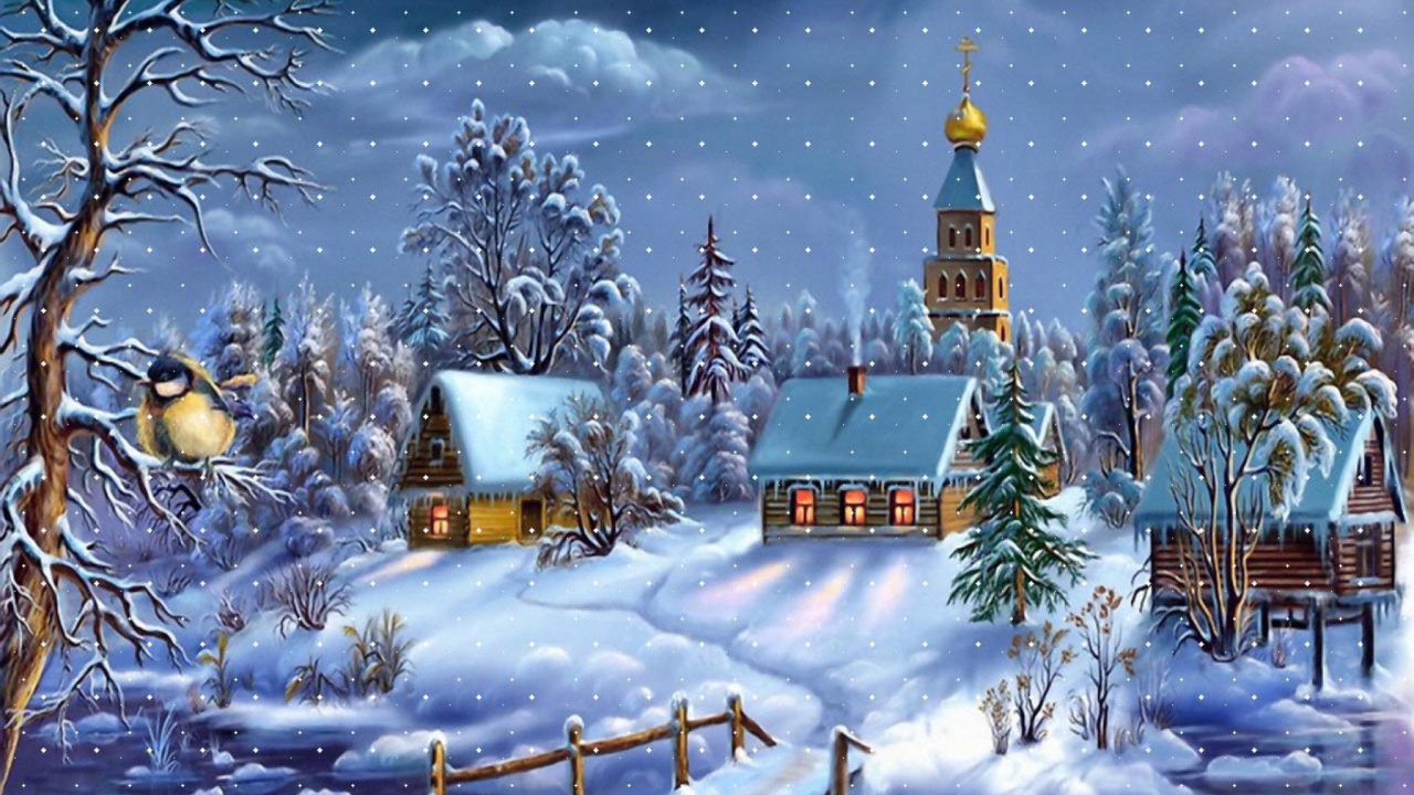 Обои Рождественский день, елка, зима, снег, акварельные краски в разрешении 1280x720