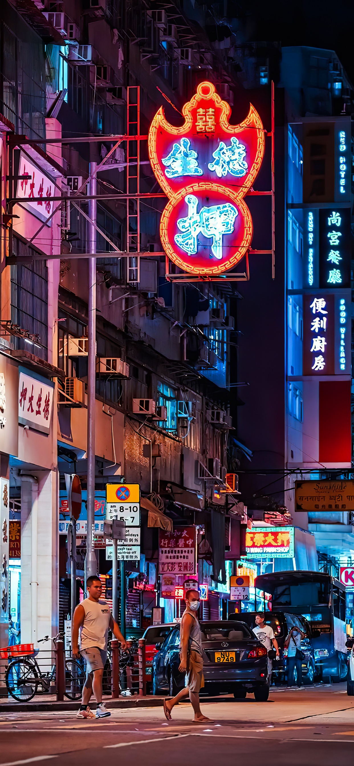 Обои ориентир, неоновая вывеска, здание, шина, синий в разрешении 1242x2688