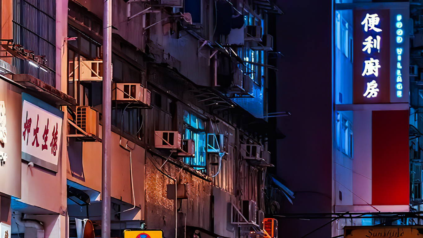 Обои ориентир, неоновая вывеска, здание, шина, синий в разрешении 1366x768