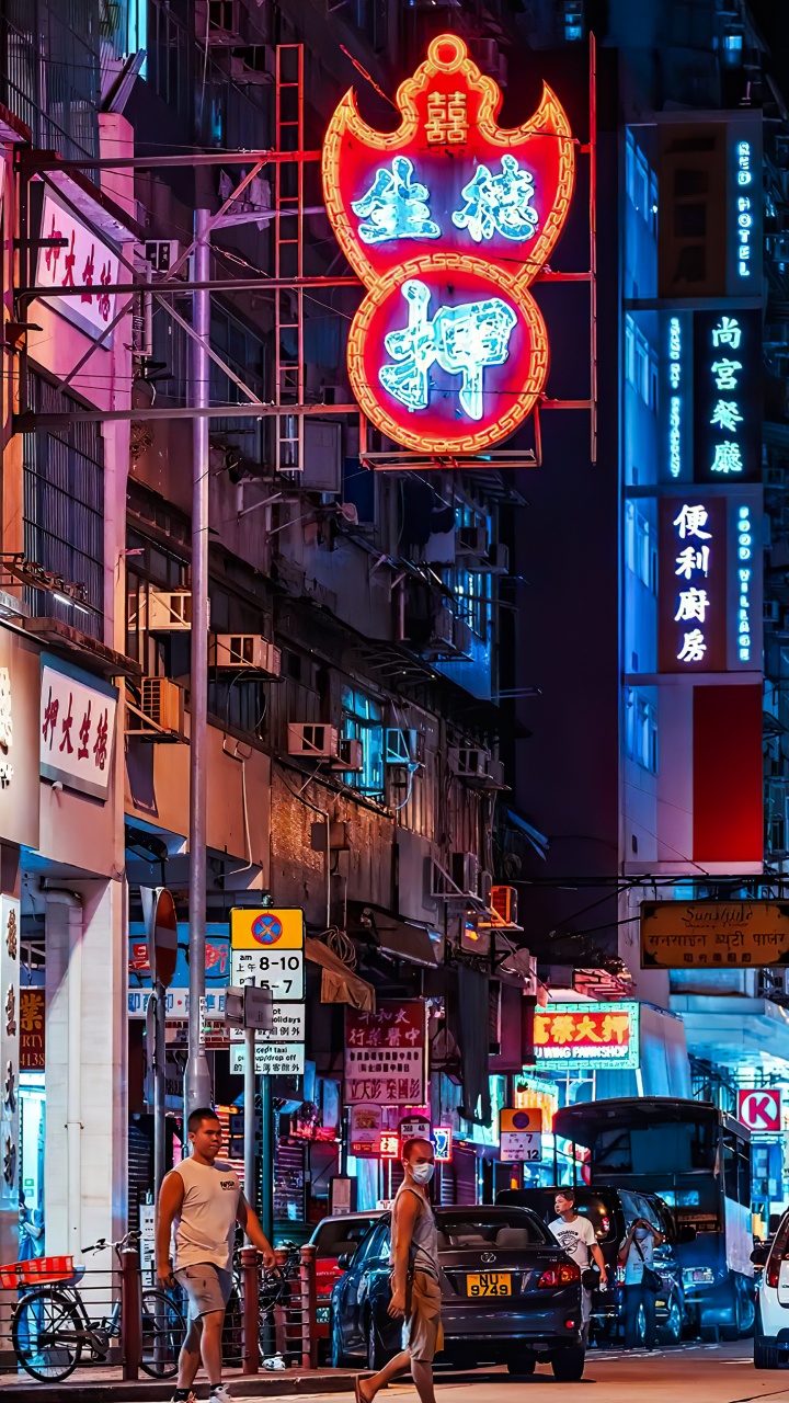 Обои ориентир, неоновая вывеска, здание, шина, синий в разрешении 720x1280