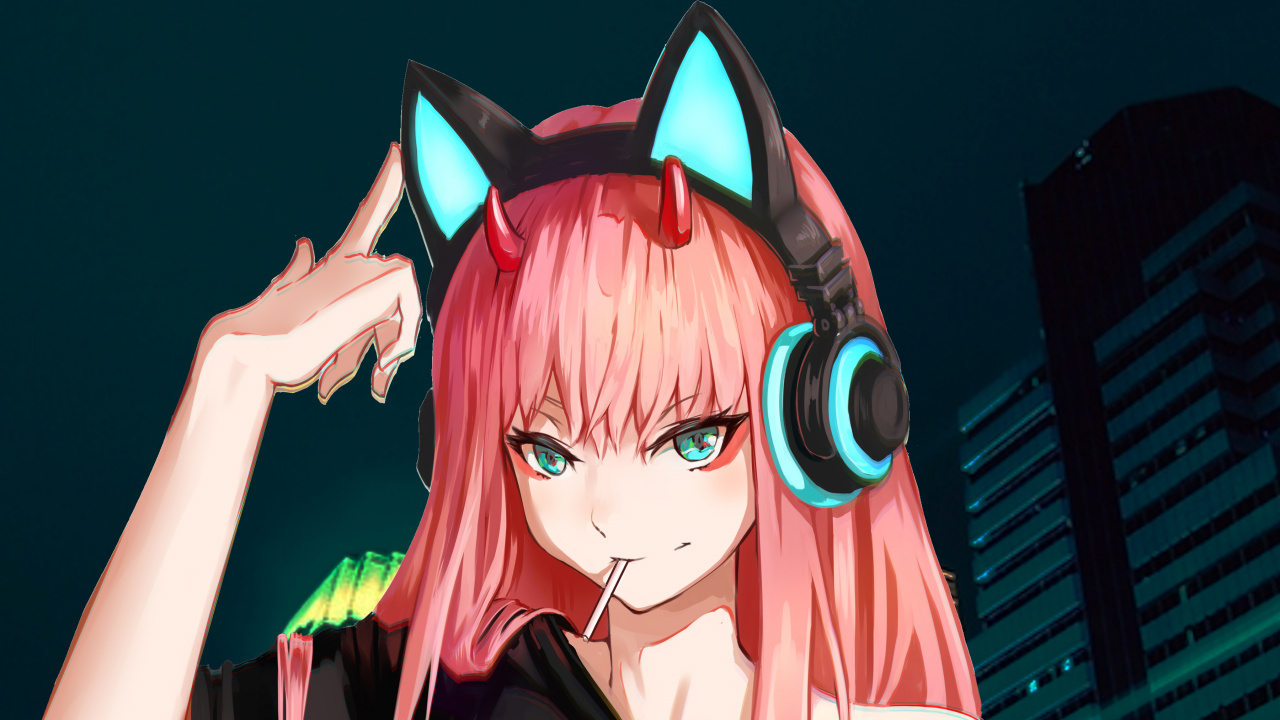 Обои Ноль Два, аниме, мультфильм, розовый, звуковое оборудование в разрешении 1280x720