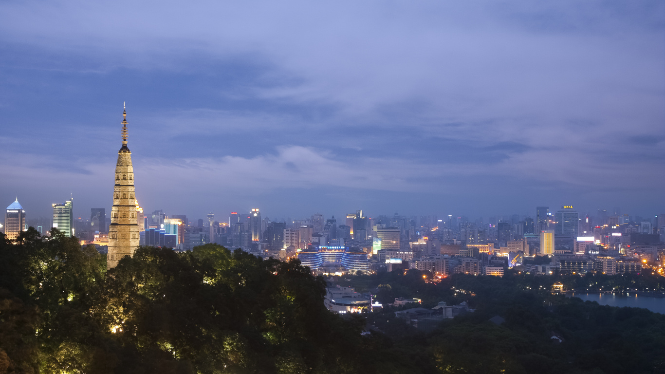 Обои город, Гуанчжоу, городской пейзаж, линия горизонта, городской район в разрешении 1366x768