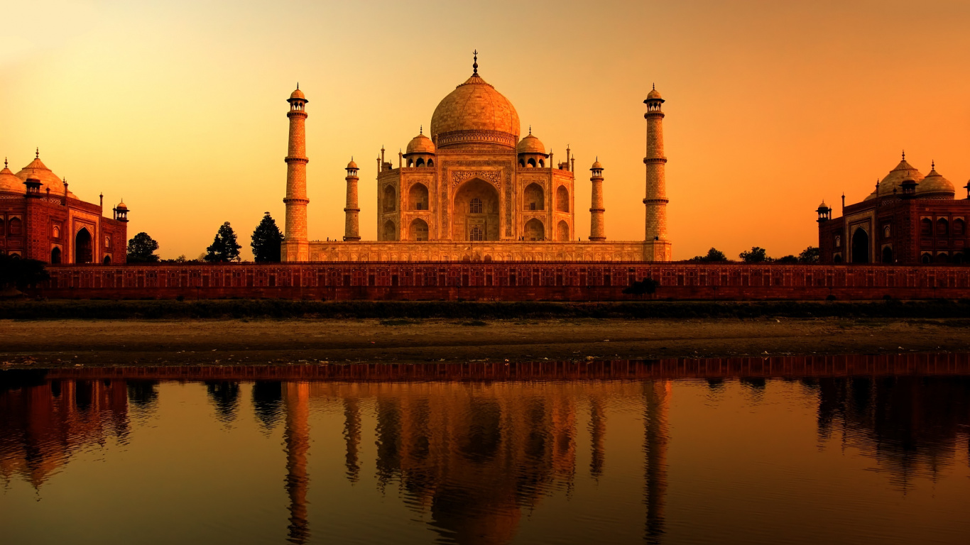 Обои Тадж-Махал, достопримечательность, ориентир, отражение, историческое место в разрешении 1366x768