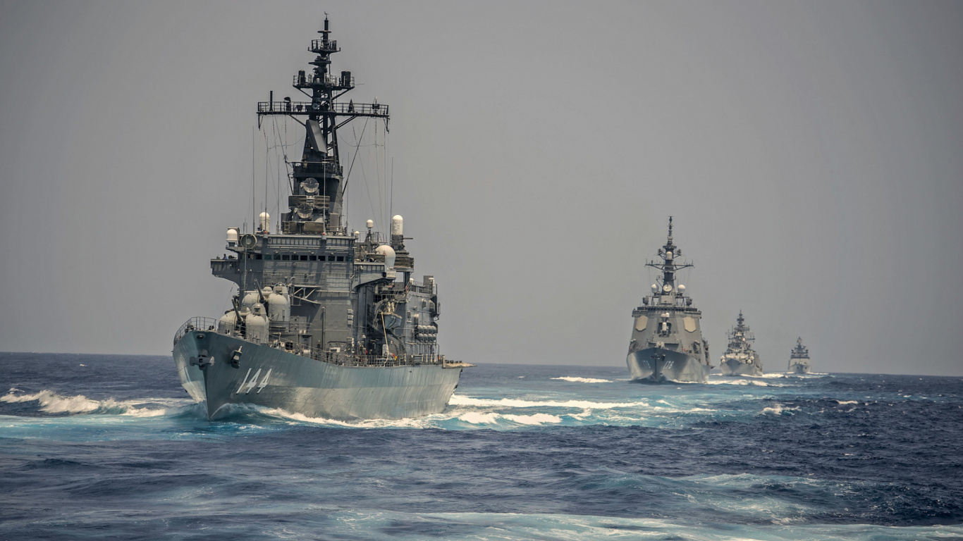 Обои морское ведомство, военное учение, военный корабль, Малабар, индийские ВМС в разрешении 1366x768
