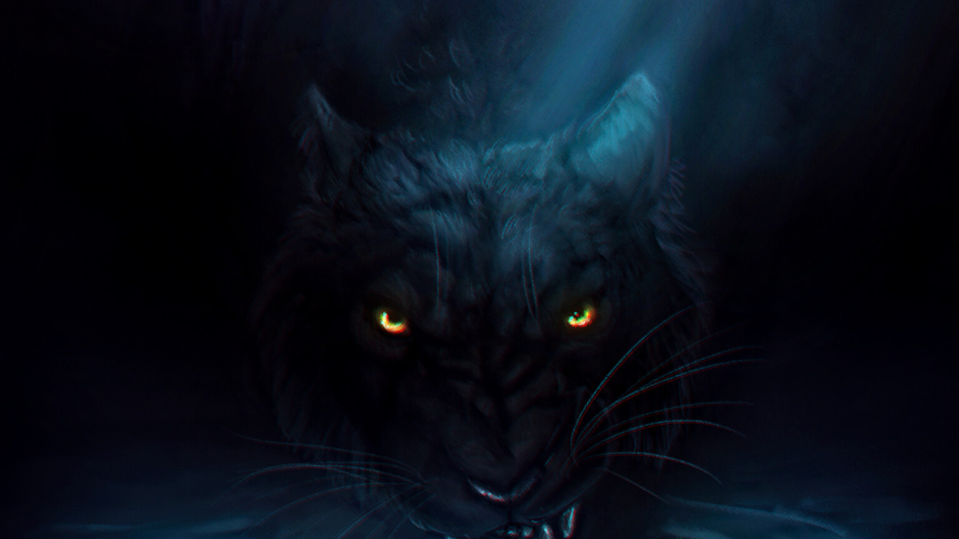Обои темнота, черная кошка, черный, синий, кошачьих в разрешении 1366x768
