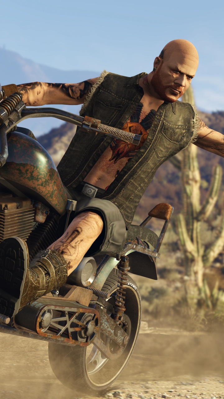 Обои grand theft auto v, grand theft auto online, Рокстар игры, мотоцикл, playstation 4 в разрешении 720x1280