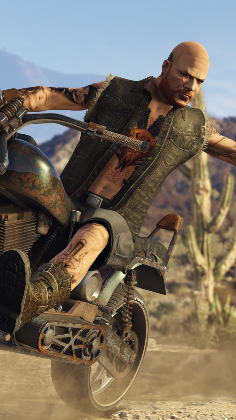 Обои grand theft auto v, grand theft auto online, Рокстар игры, мотоцикл, playstation 4 в разрешении 750x1334