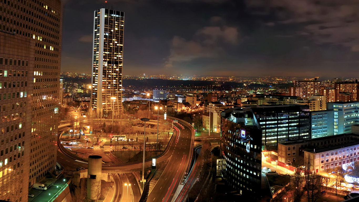 Обои город, ночь, городской пейзаж, городской район, метрополия в разрешении 1366x768