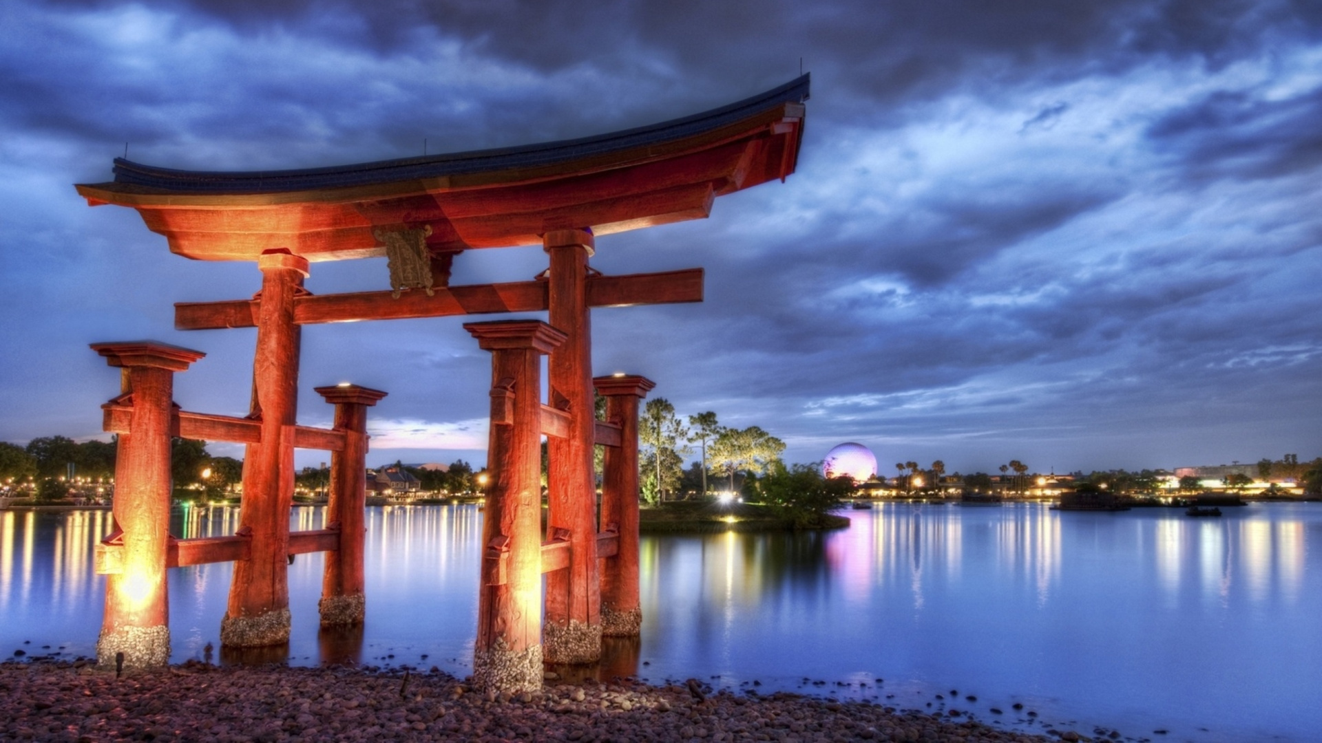 Обои тории, архитектура, отражение, небо, рассвет в разрешении 1920x1080