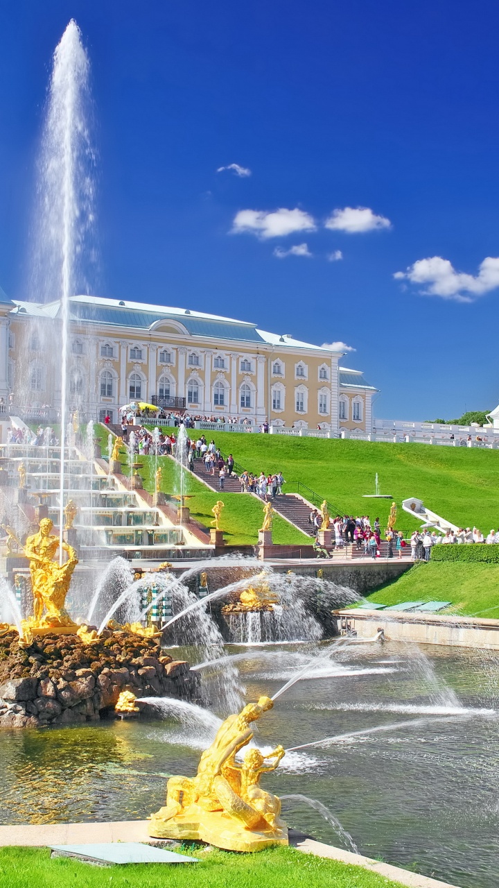 Обои Петергофский дворец, дворец, фонтан, достопримечательность, ориентир в разрешении 720x1280