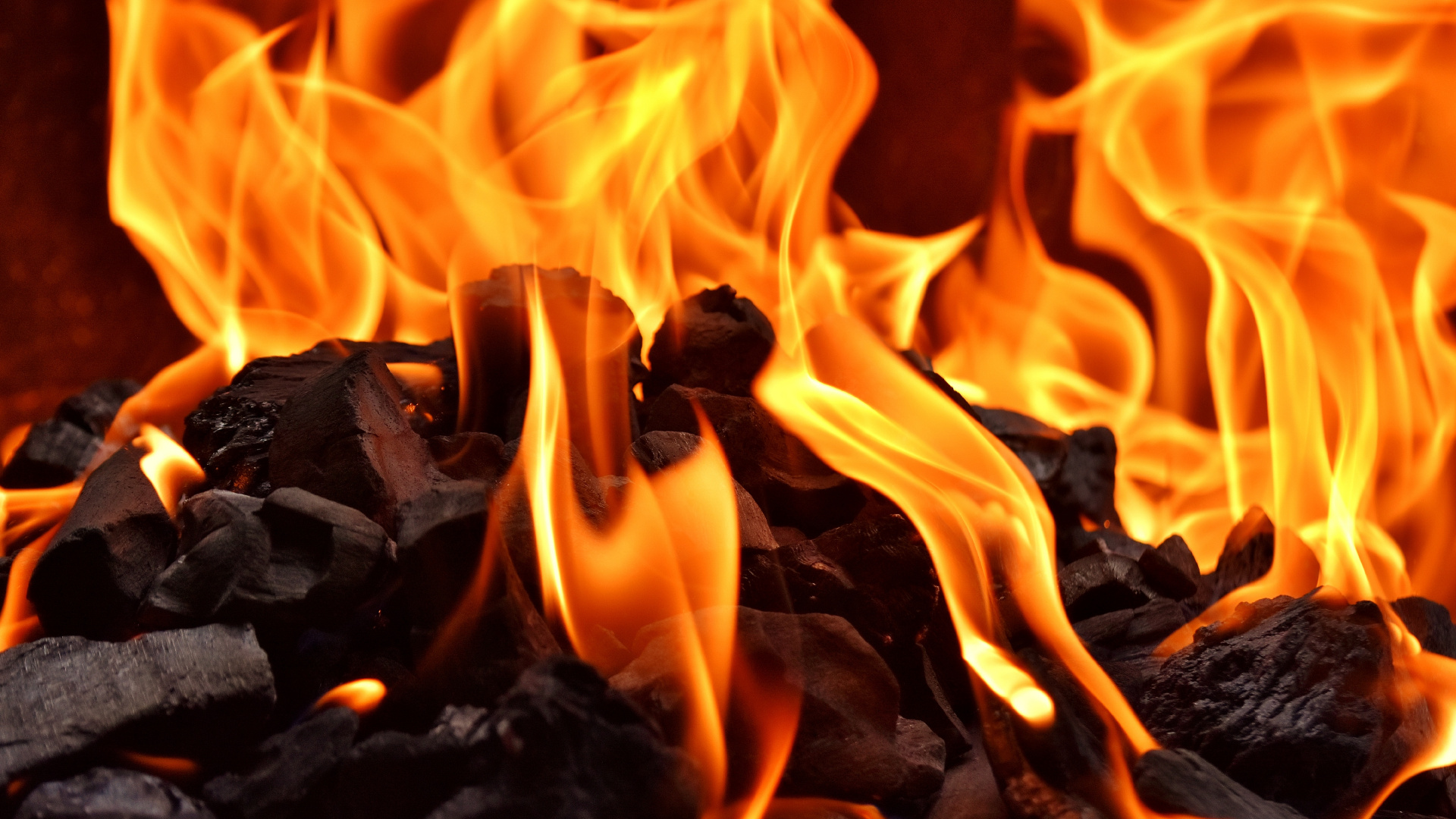 Обои пламя, огонь, древесный уголь, сгорание, тепло в разрешении 1920x1080