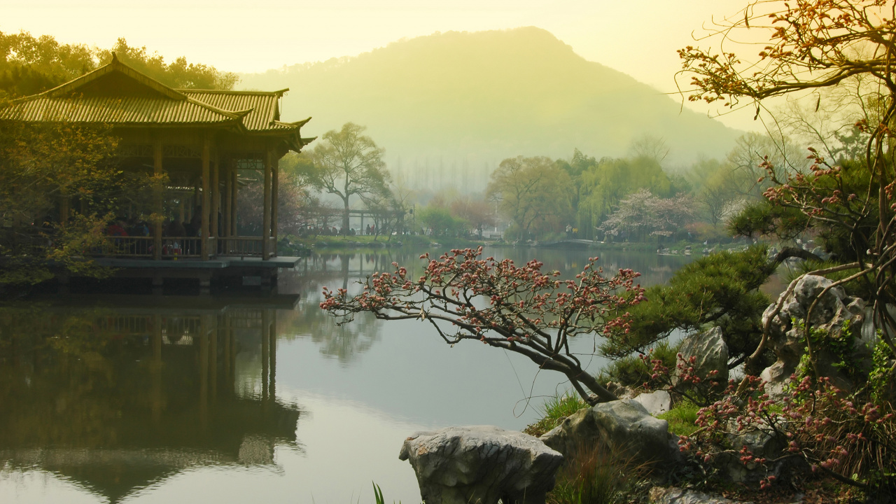 Обои фреска, стена, японский сад, сад, окно в разрешении 1280x720