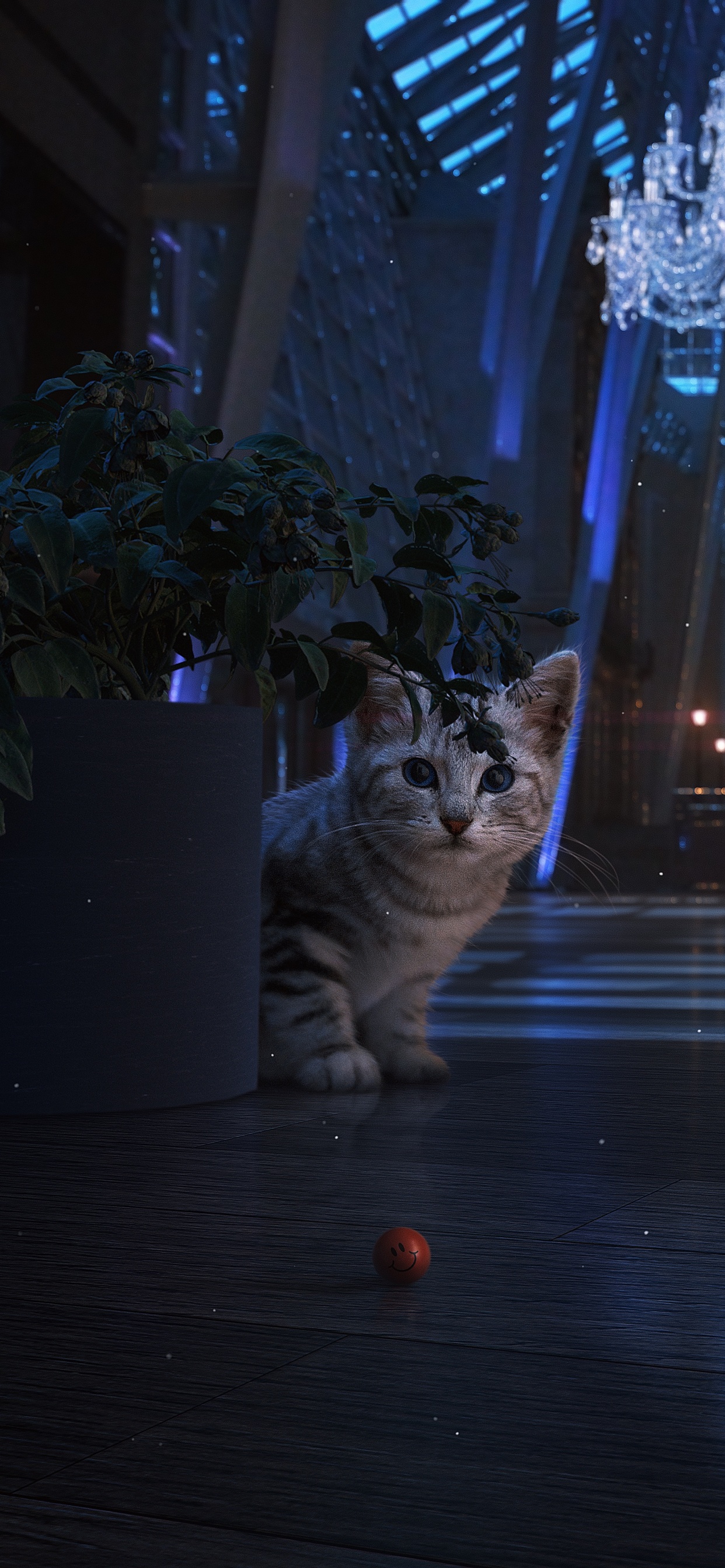 Обои русская голубая, черная кошка, котенок, кот, растение в разрешении 1242x2688