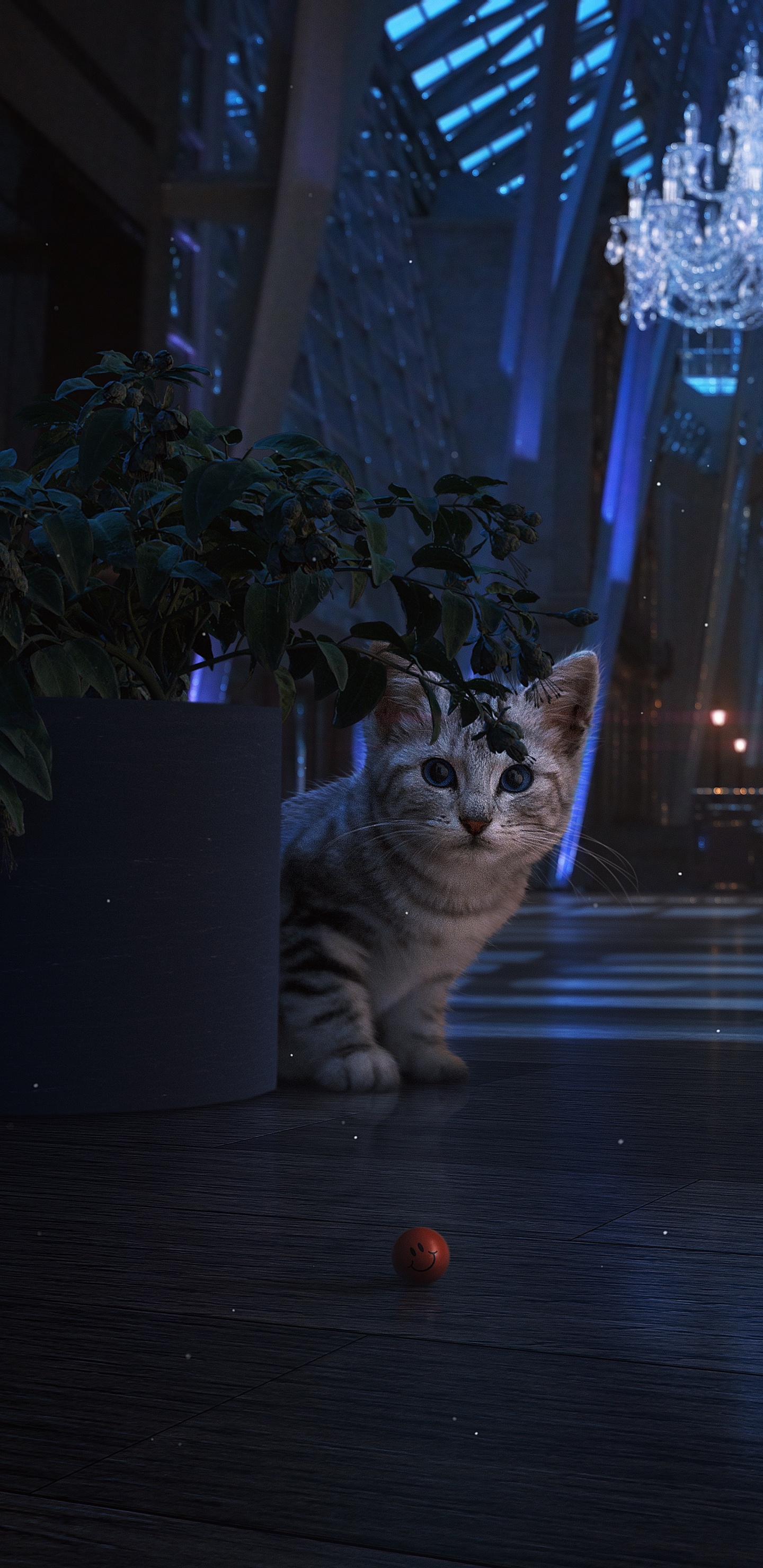 Обои русская голубая, черная кошка, котенок, кот, растение в разрешении 1440x2960