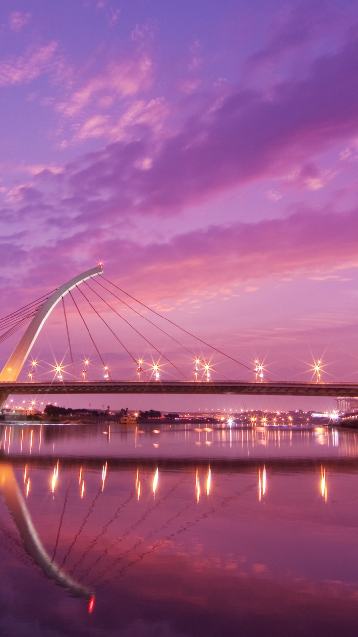 Обои мост, вантовый мост, сумрак, рассвет, небо в разрешении 720x1280