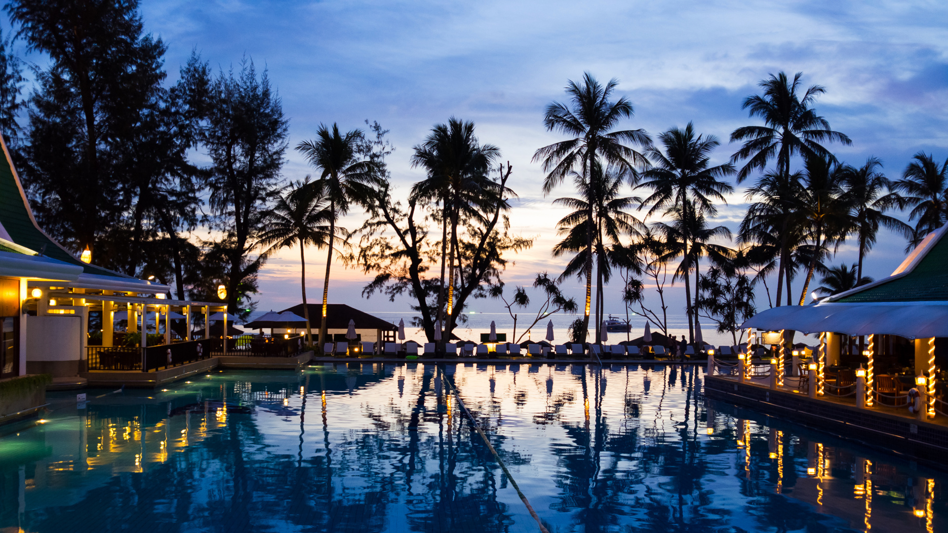 Обои плавательный бассейн, прибежище, отпуск, Пальма, курортный город в разрешении 1920x1080