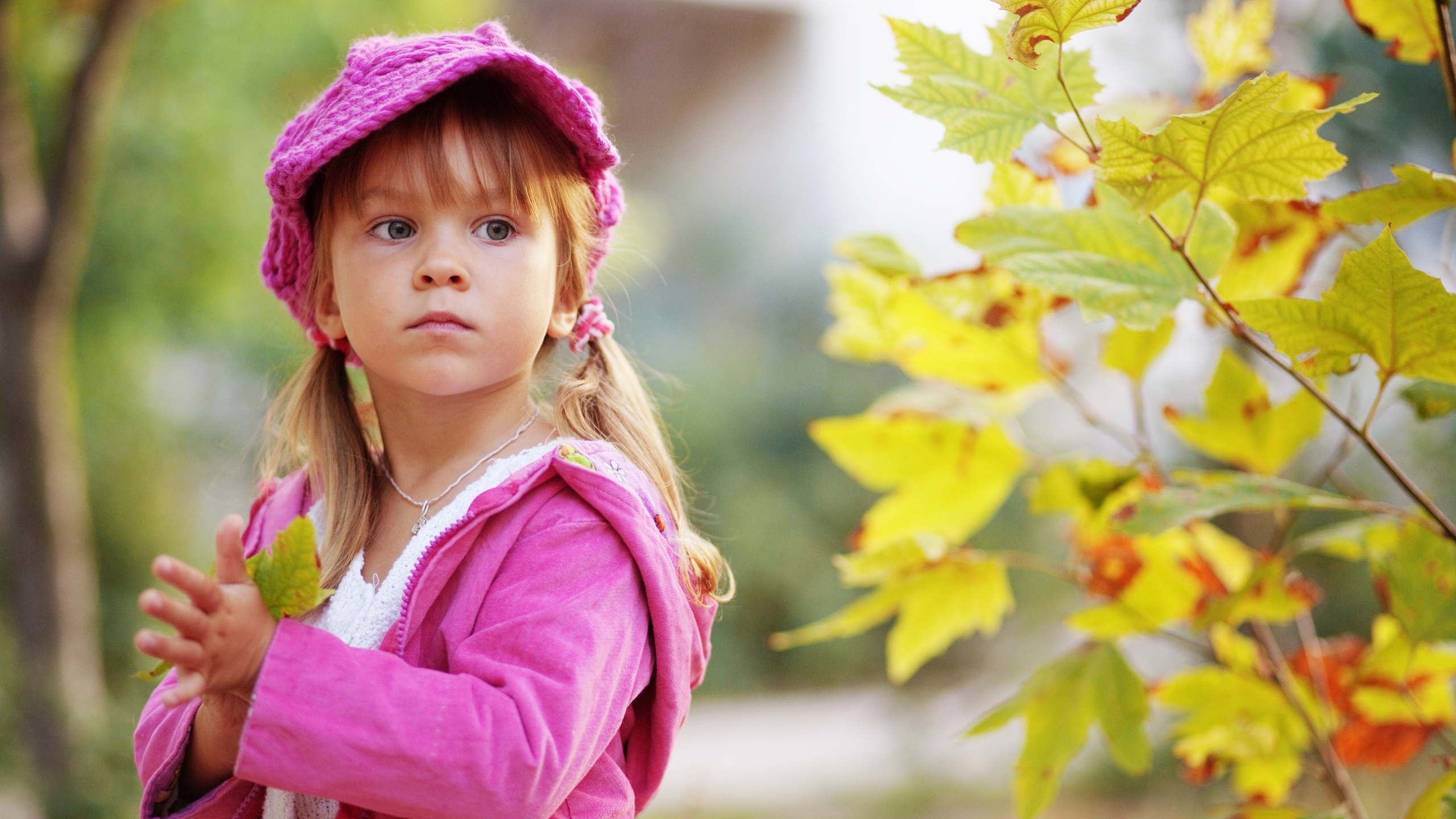 Обои ребенок, осень, розовый, дерево, малыш в разрешении 2560x1440