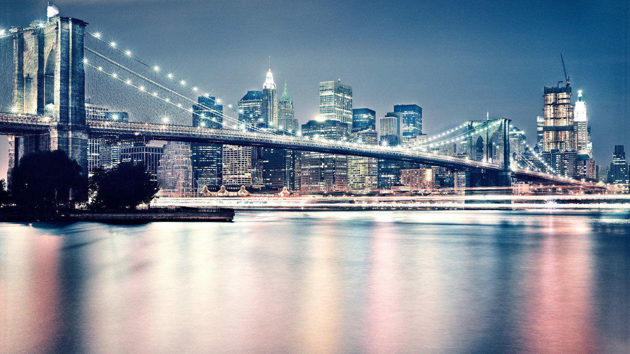 Обои Бруклинский мост, городской пейзаж, город, отражение, линия горизонта в разрешении 1280x720