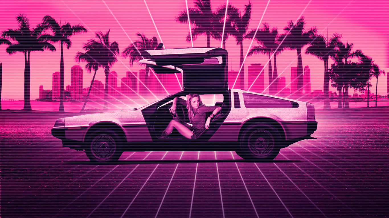 Обои ДМС Делориан, Synthwave, Делориан Мотор Компани, розовый, кузов купе в разрешении 1366x768