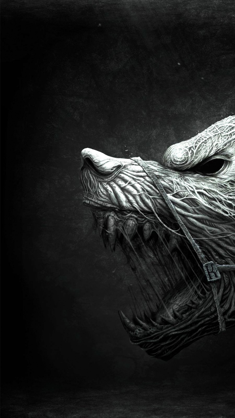 Обои монохромный режим, черный и белый, морда, зацепление, агрессия в разрешении 750x1334