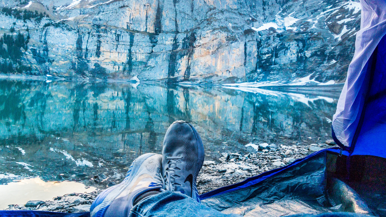 Обои палатка, Кемпинг, синий, вода, ледяная форма в разрешении 1280x720