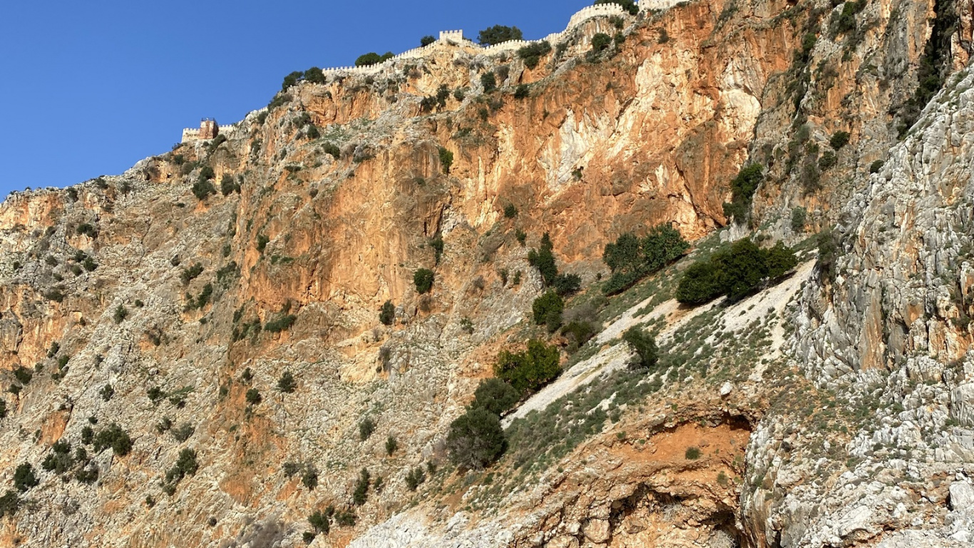 Обои обрыв, вода, гора, коренная порода, озеро в разрешении 1366x768