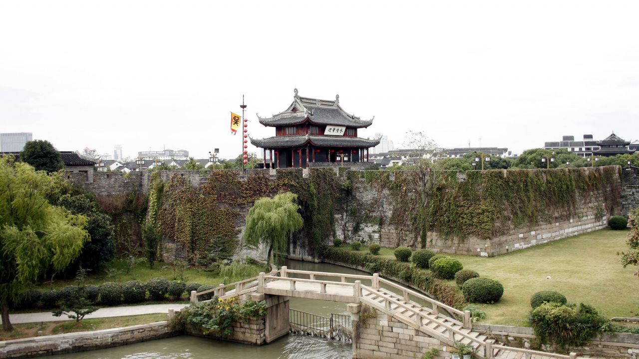 Обои Пан Ворот, китайская архитектура, водный путь, архитектура, здание в разрешении 1280x720