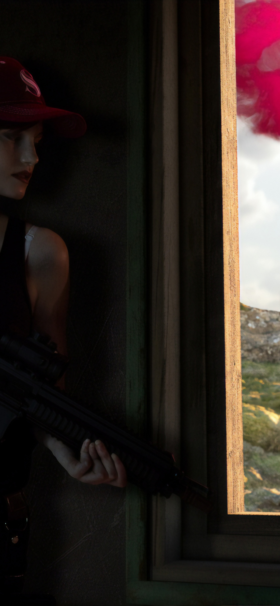 Обои головной убор, косплей, красный цвет, окно, визуальное искусство в разрешении 1125x2436