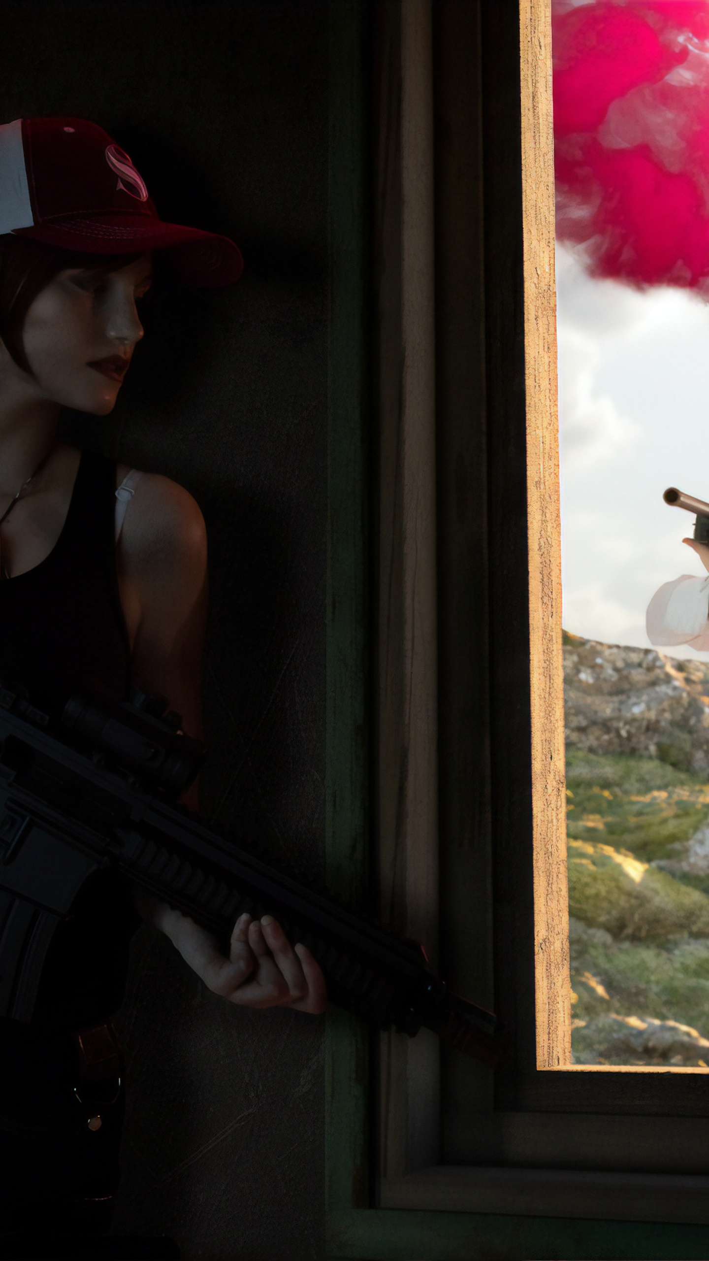 Обои головной убор, косплей, красный цвет, окно, визуальное искусство в разрешении 1440x2560