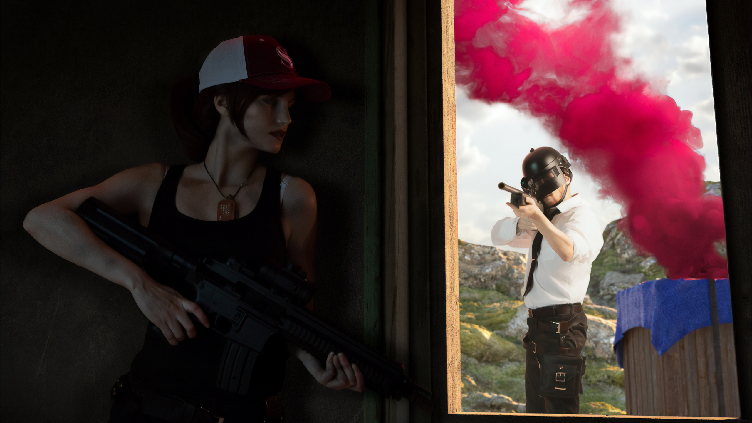 Обои головной убор, косплей, красный цвет, окно, визуальное искусство в разрешении 2560x1440