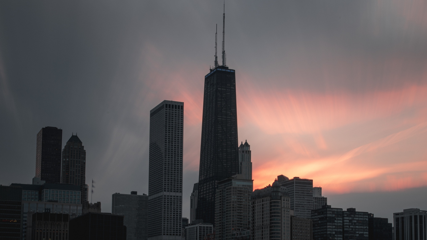 Обои здание, закат, городской пейзаж, метрополия, Чикаго в разрешении 1366x768
