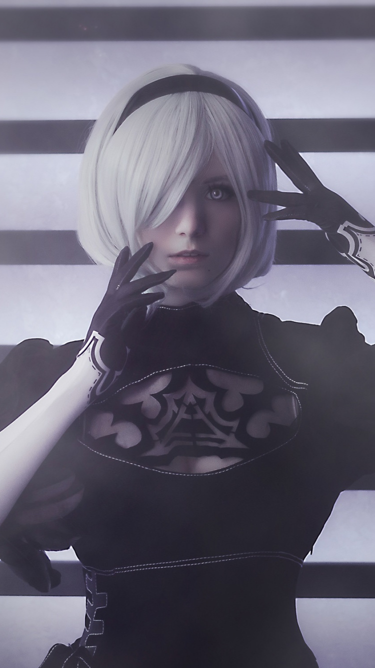 Обои ниэр автоматов, белые, черный, красота, снимок в разрешении 750x1334