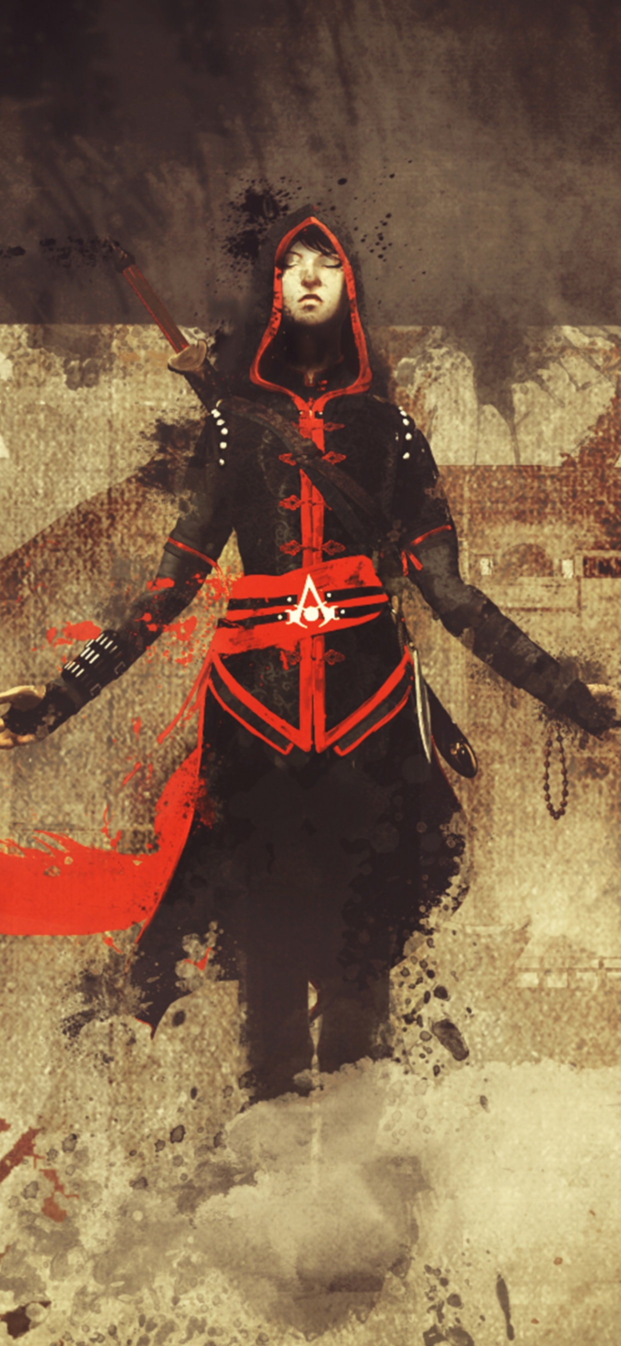 Обои красный цвет, арт, ассассинс Крид хроники Китай, темнота, искусство в разрешении 1242x2688