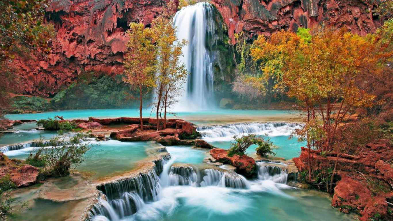 Обои водопад, водоем, природа, гидроресурсы, вода в разрешении 1366x768