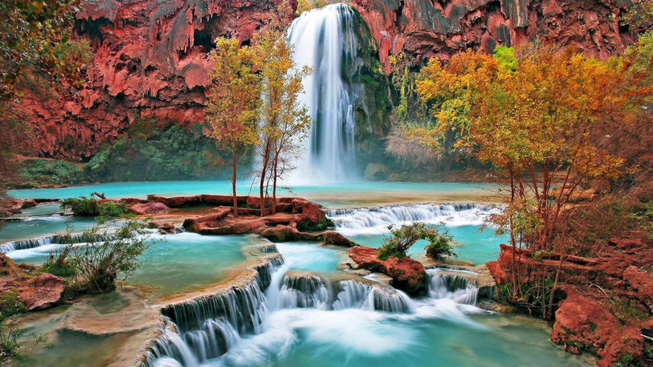 Обои водопад, водоем, природа, гидроресурсы, вода в разрешении 2560x1440