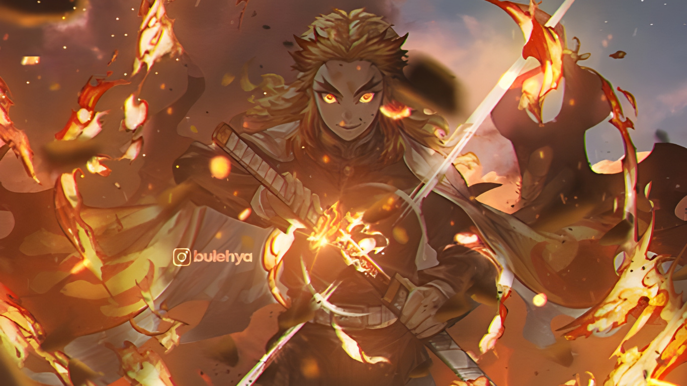 Обои аниме, кёдзюро ренгоку тигр, Булехья Ренгоку, Танджиро Камадо, кюджур ренгоку в разрешении 1366x768