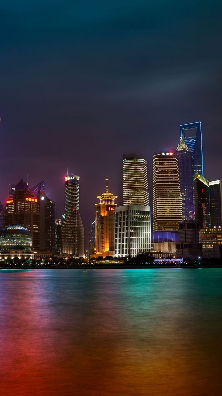 Обои Шанхай ночь, городской пейзаж, город, линия горизонта, метрополия в разрешении 720x1280