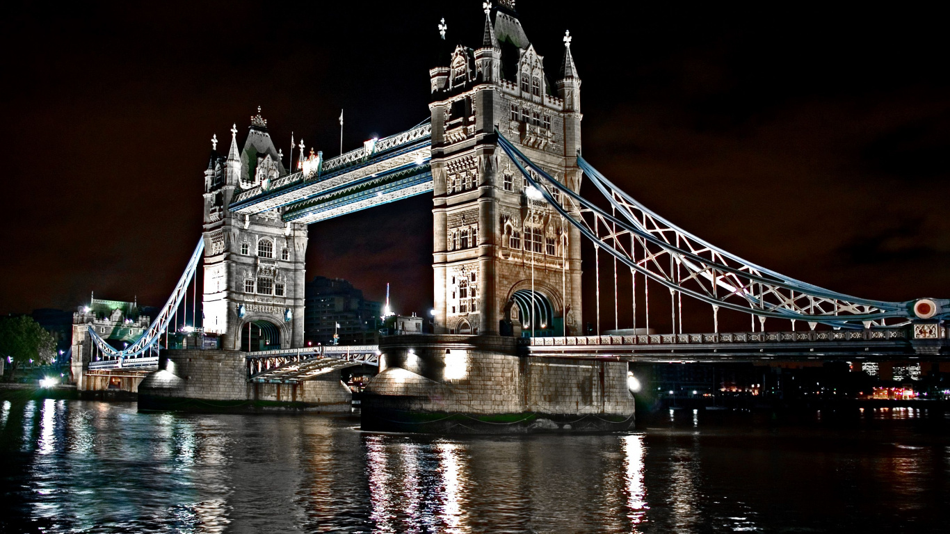 Обои тауэрский мост, река темза, мост, ориентир, ночь в разрешении 1366x768
