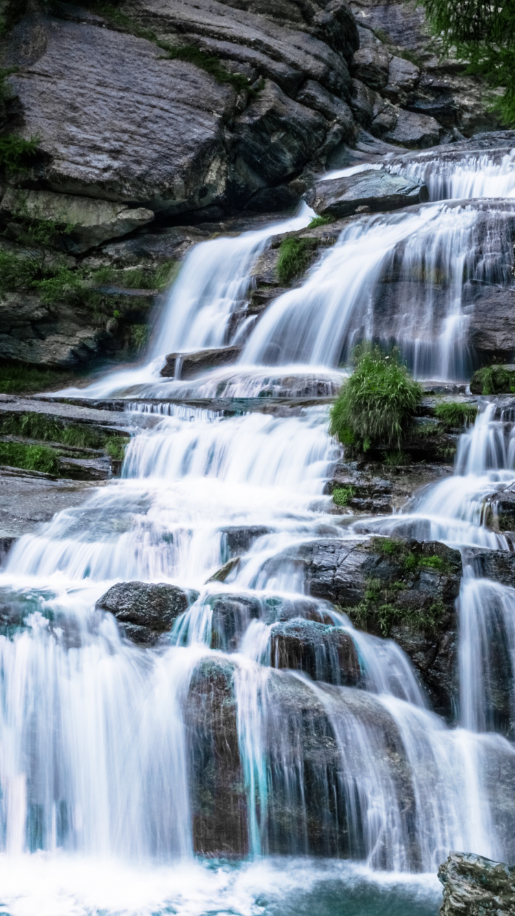 Обои водопад, водоток, вода, растение, природа в разрешении 750x1334