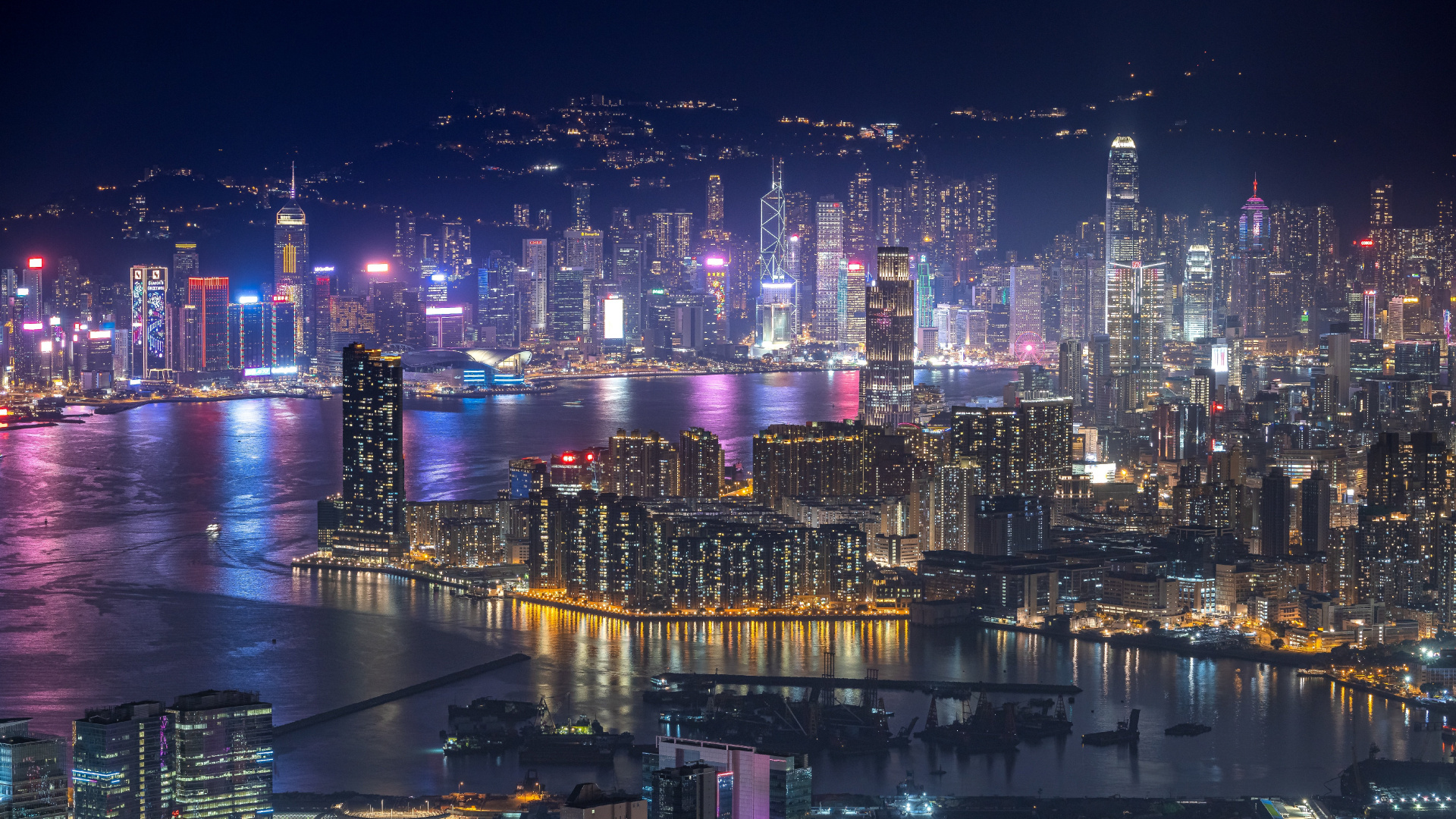 Обои Гонконг, здание, небоскреб, вода, пурпур в разрешении 1920x1080