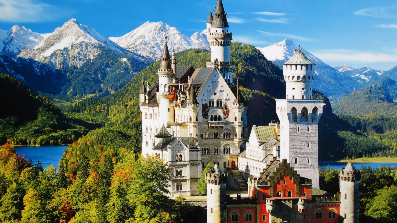 Обои замок Нойшванштайн, Дворец Линдерхоф, замок хоэншвангау, замок, дворец в разрешении 1366x768