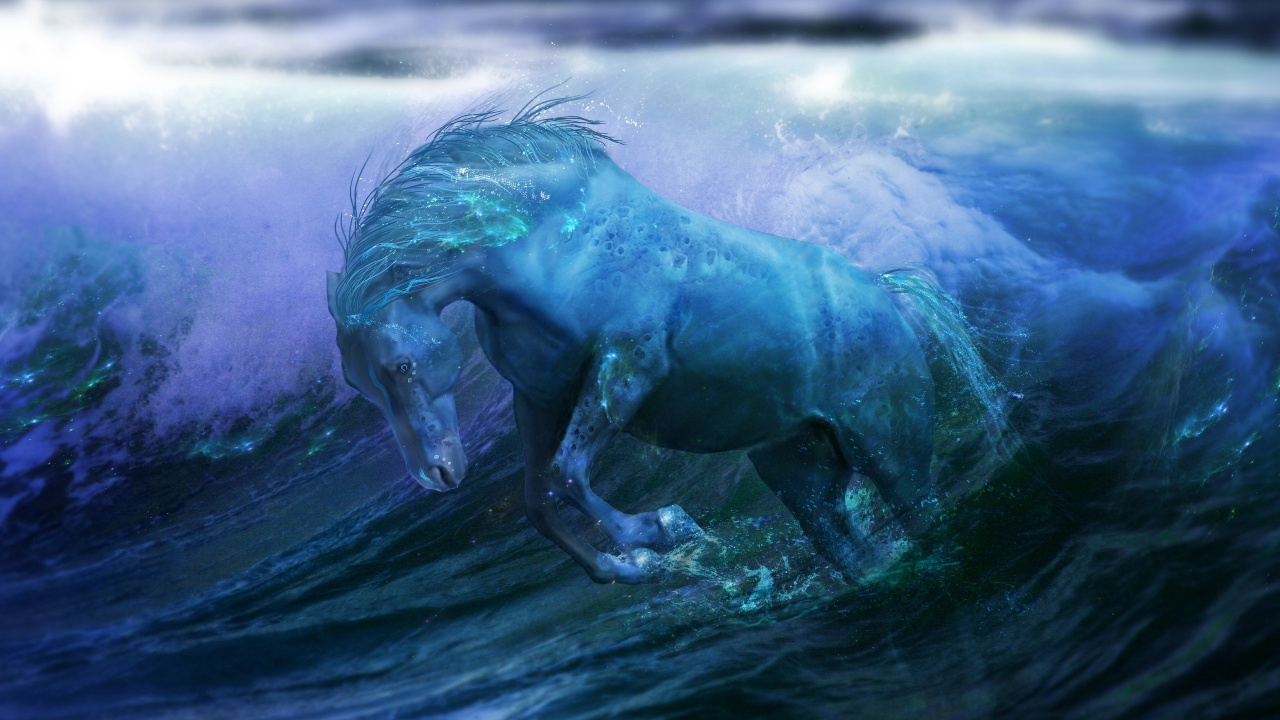 Обои воды лошадь, конь, келпи, вода, волна в разрешении 1280x720