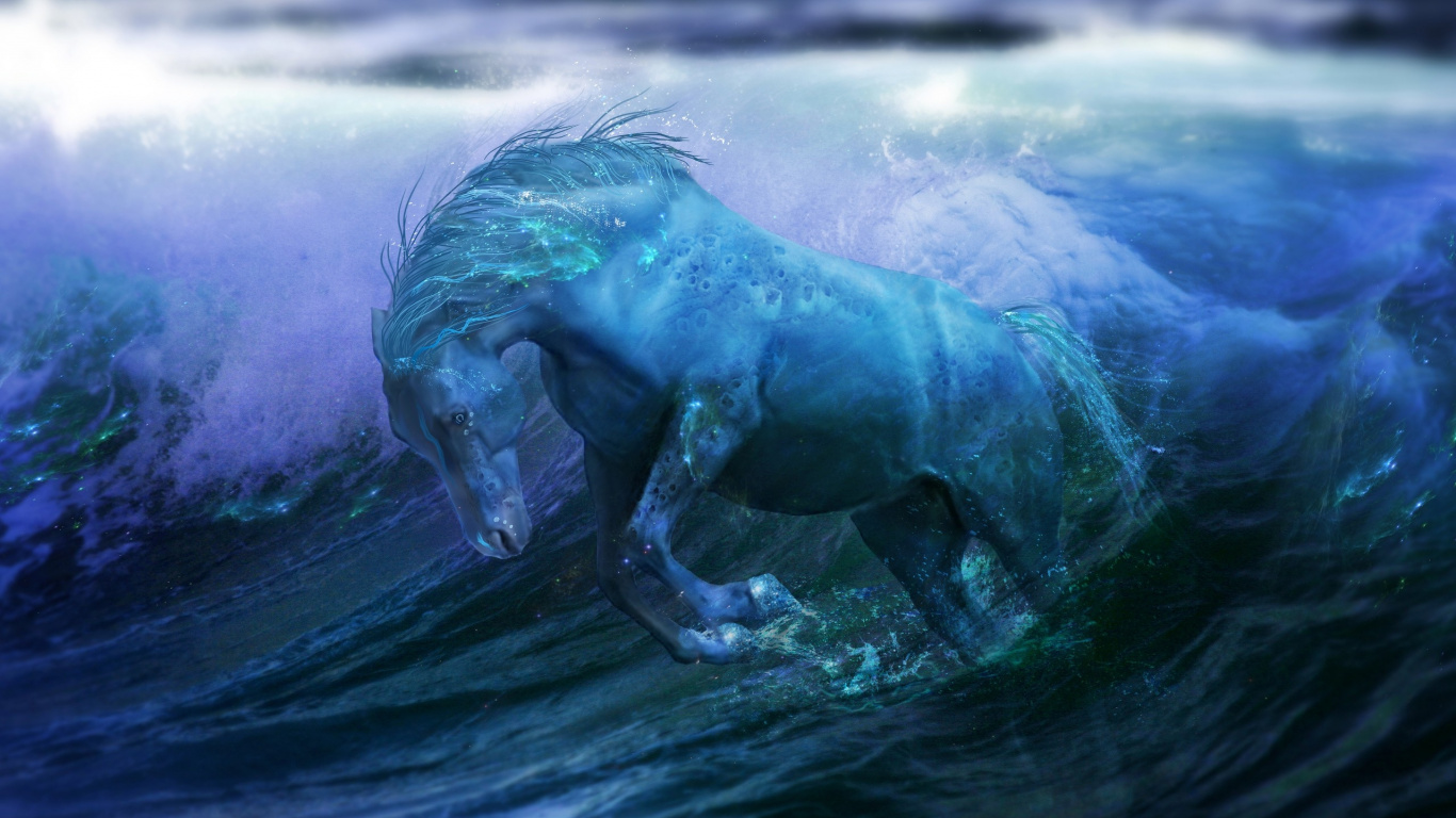 Обои воды лошадь, конь, келпи, вода, волна в разрешении 1366x768