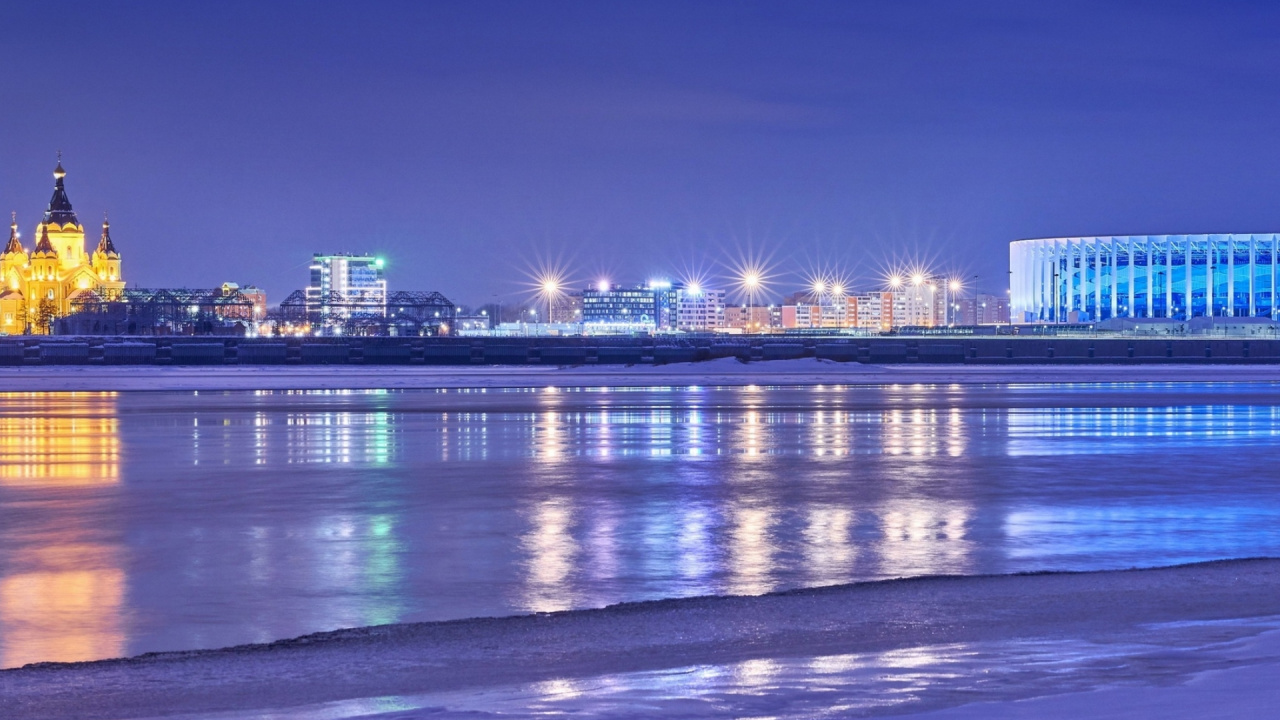 Обои отражение, нижегородский стадион, река Волга, вода, гидроресурсы в разрешении 1280x720