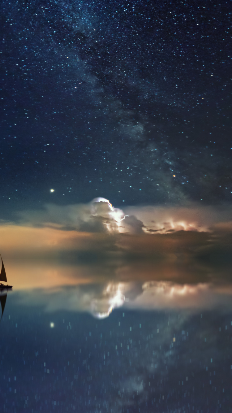 Обои Млечный Путь, спокойный, океан, ночное небо, звезда в разрешении 750x1334