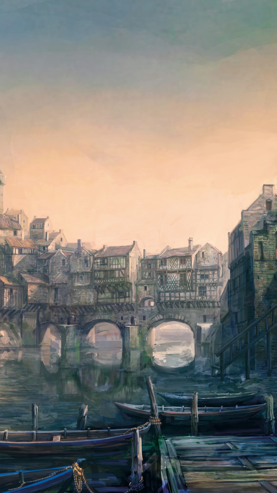 Обои Ведьмак, cd projekt, городской пейзаж, город, живопись в разрешении 1080x1920